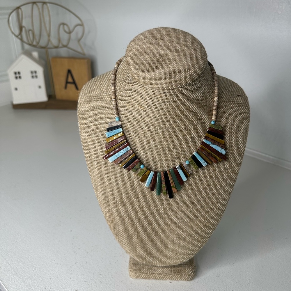 **SOLD**Boho Multicolor Shell Necklace – Natural Heishi Beads & Stone Slab Fan - Picture 1 of 5